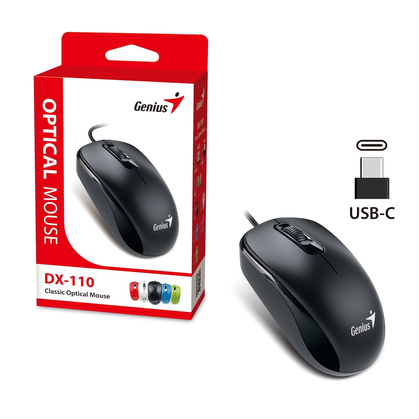 Genius DX-110 Wired USB-Type C Plug and Play Mouse, 1000 DPI Optical Tracking, 3 Button with Scroll Wheel, Ambidextrous Design with 1.5m Cable, Black - PC Gear UK