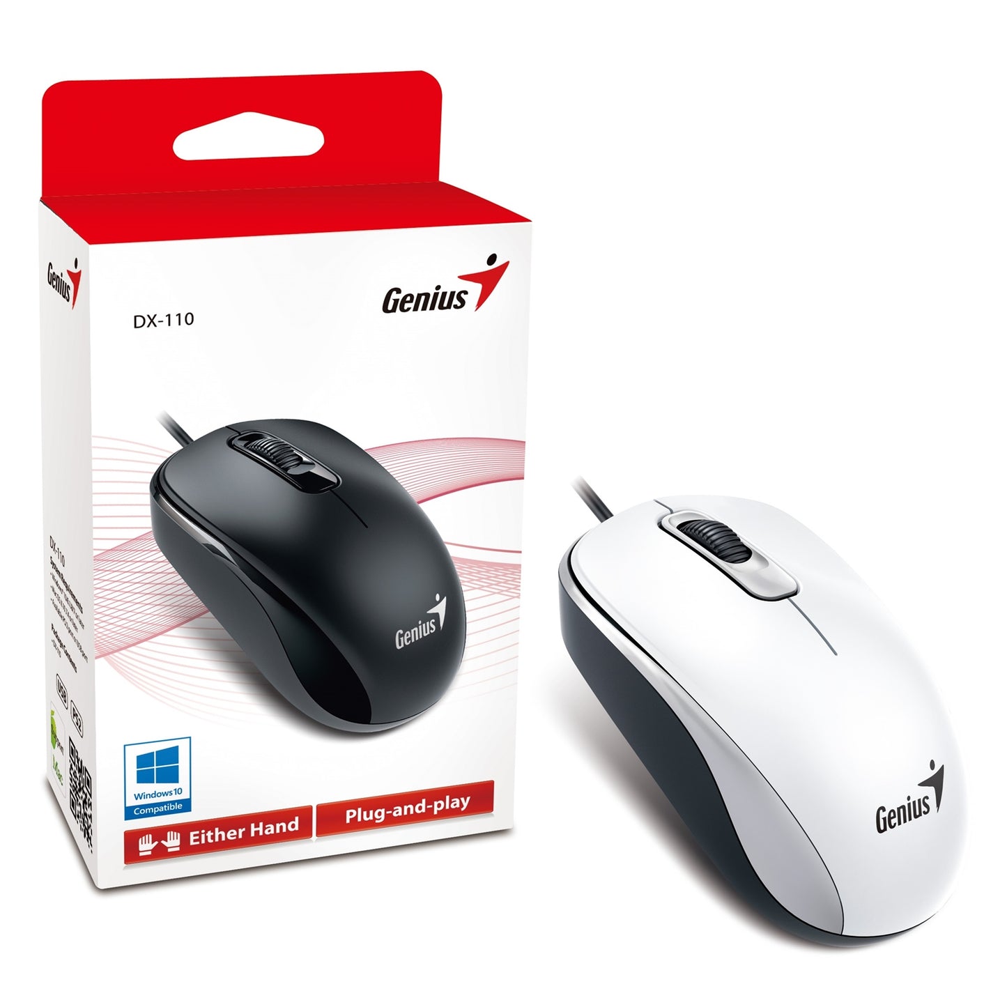 Genius DX-110 Wired USB Plug and Play Mouse, 1000 DPI Optical Tracking, 3 Button with Scroll Wheel, Ambidextrous Design with 1.5m Cable, White - PC Gear UK