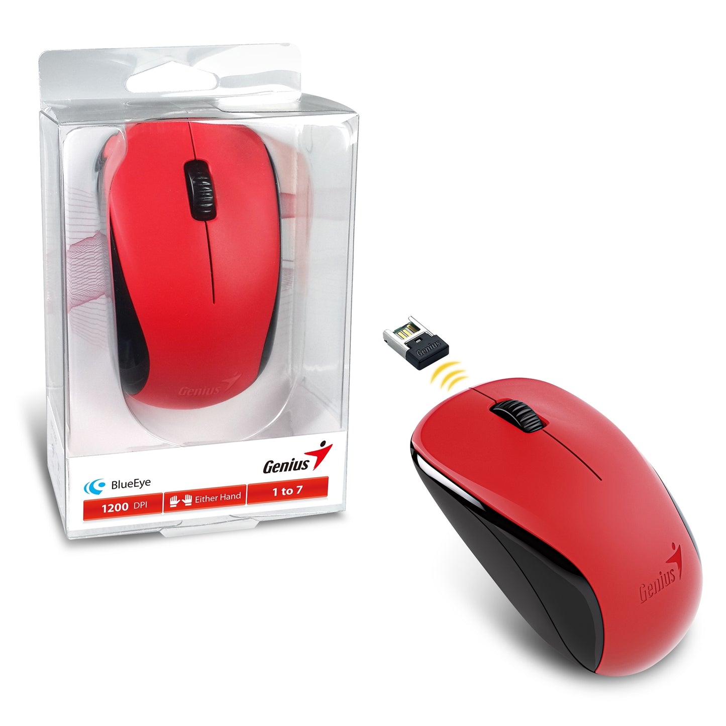 Genius NX-7000 Wireless Mouse, 2.4 GHz with USB Pico Receiver, Adjustable DPI levels up to 1200 DPI, 3 Button with Scroll Wheel, Ambidextrous Design, Red - PC Gear UK