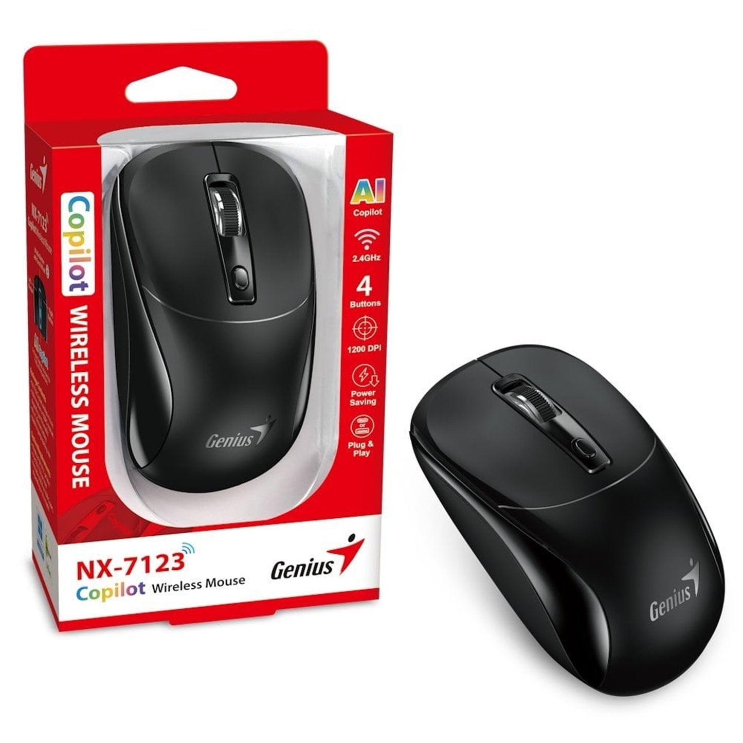 Genius NX-7123 Copilot AI Wireless Mouse, 2.4 GHz with USB Receiver, 1200 DPI, 4 Button with Scroll Wheel, Ambidextrous Design, Black - PC Gear UK