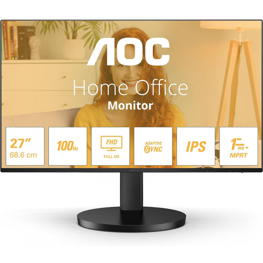 AOC 27B3HA2 27 Inch IPS Monitor,  Widescreen, Full HD, VGA, HDMI, 1ms, 100Hz, Internal PSU, Speakers, VESA, Black - PC Gear UK