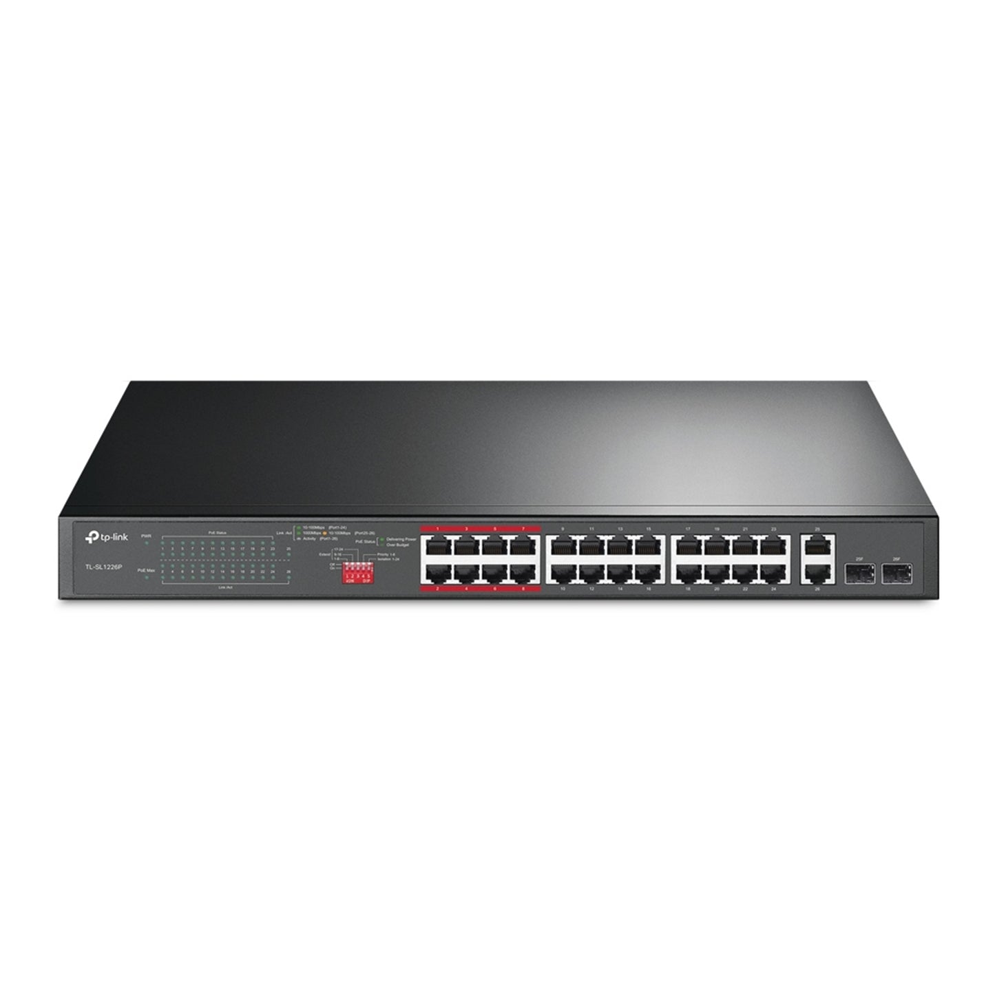 TP-Link TL-SL1226P 24-Port Metal 10/100Mbps + 2-Port Gigabit Unmanaged PoE+ Switch (250W) - PC Gear UK