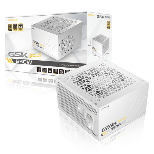 Antec GSK ATX3.1 850W Power Supply, White,80 PLUS Gold, Full Modular, PCIe 5.1, JP Capacitors, Silent FDB Fan, CircuitShield Protection - PC Gear UK
