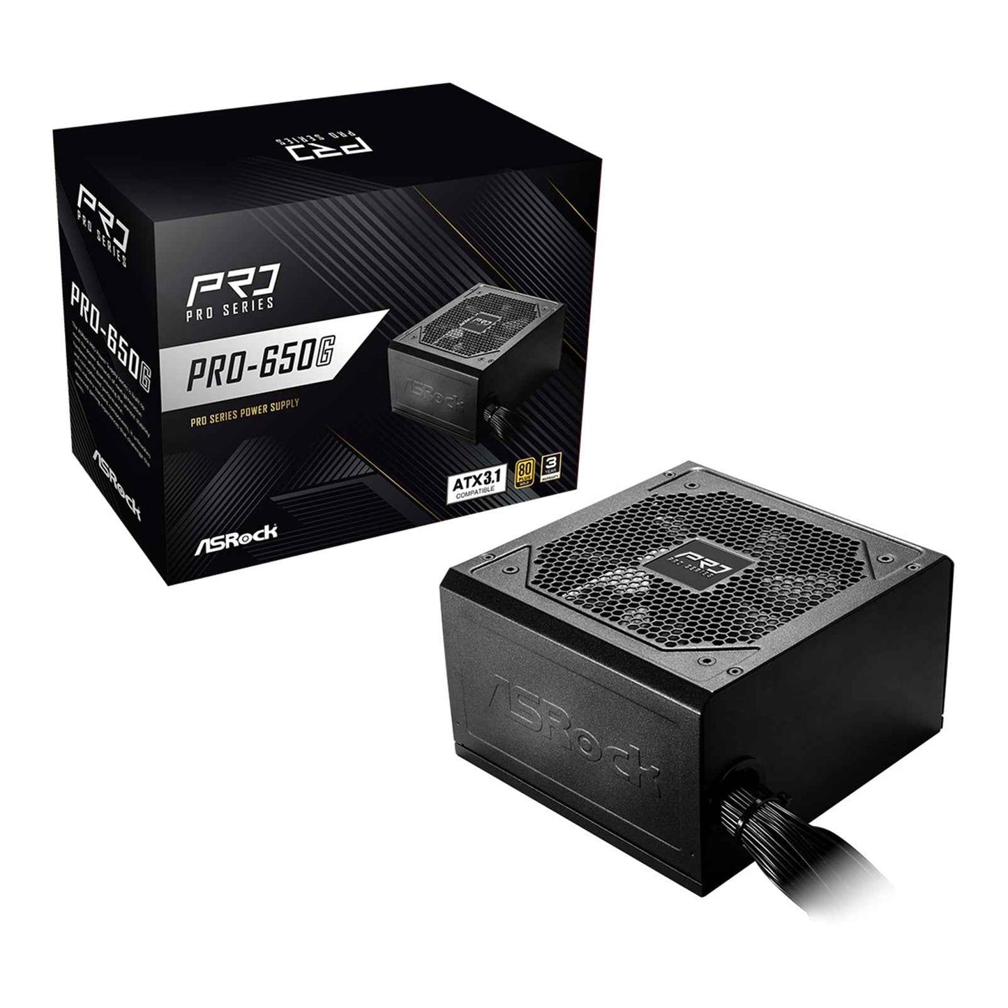 ASRock PRO-650G 650W ATX Power Supply Unit, 80 Plus Gold Certified, 120mm Silent Cooling Fan, High Efficiency PSU