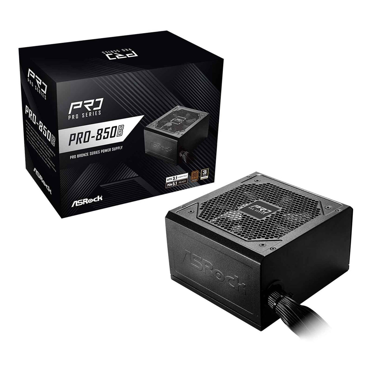 ASRock PRO-850B 850W ATX Power Supply Unit, 80 Plus Bronze Certified, 120mm Silent Cooling Fan, High Efficiency PSU