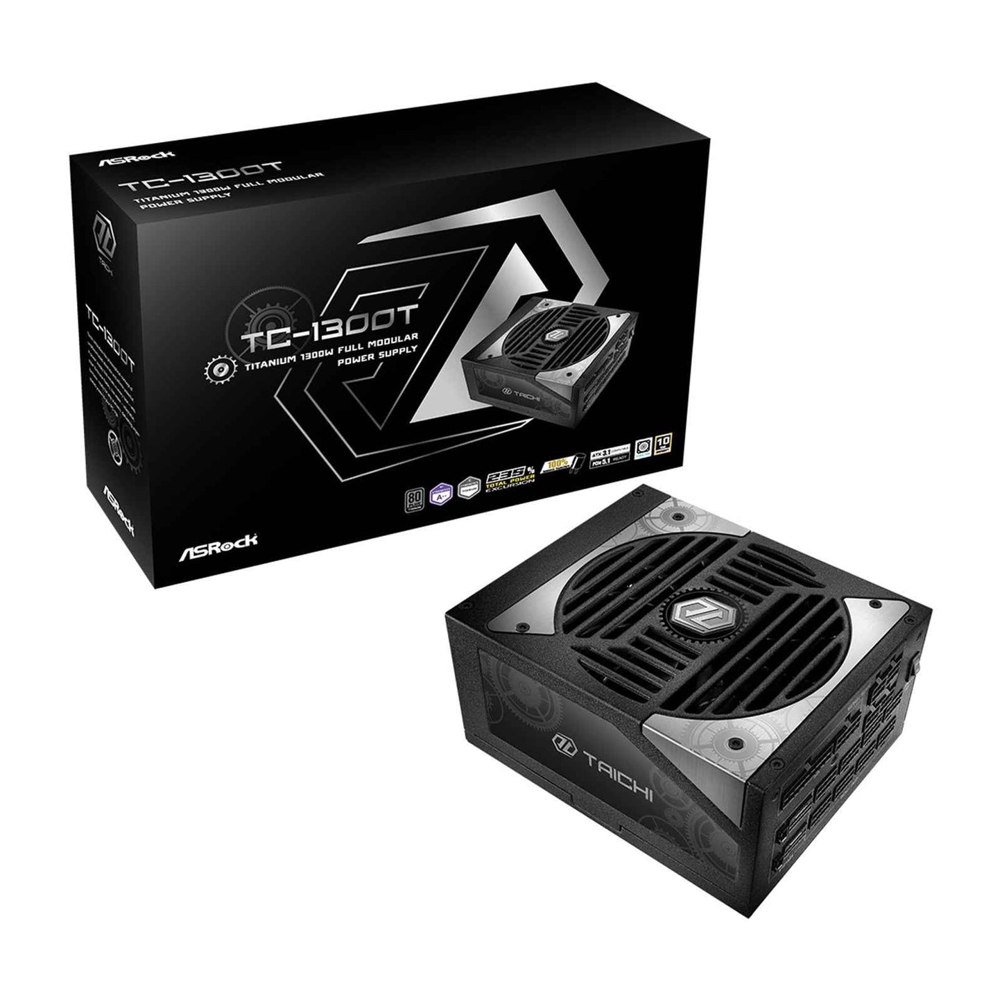 ASRock TC-1300T 1300W ATX, Power Supply Unit, 80 PLUS TITANIUM Certified. 135mm Striped Axial FDB Fan, High Efficiency PSU