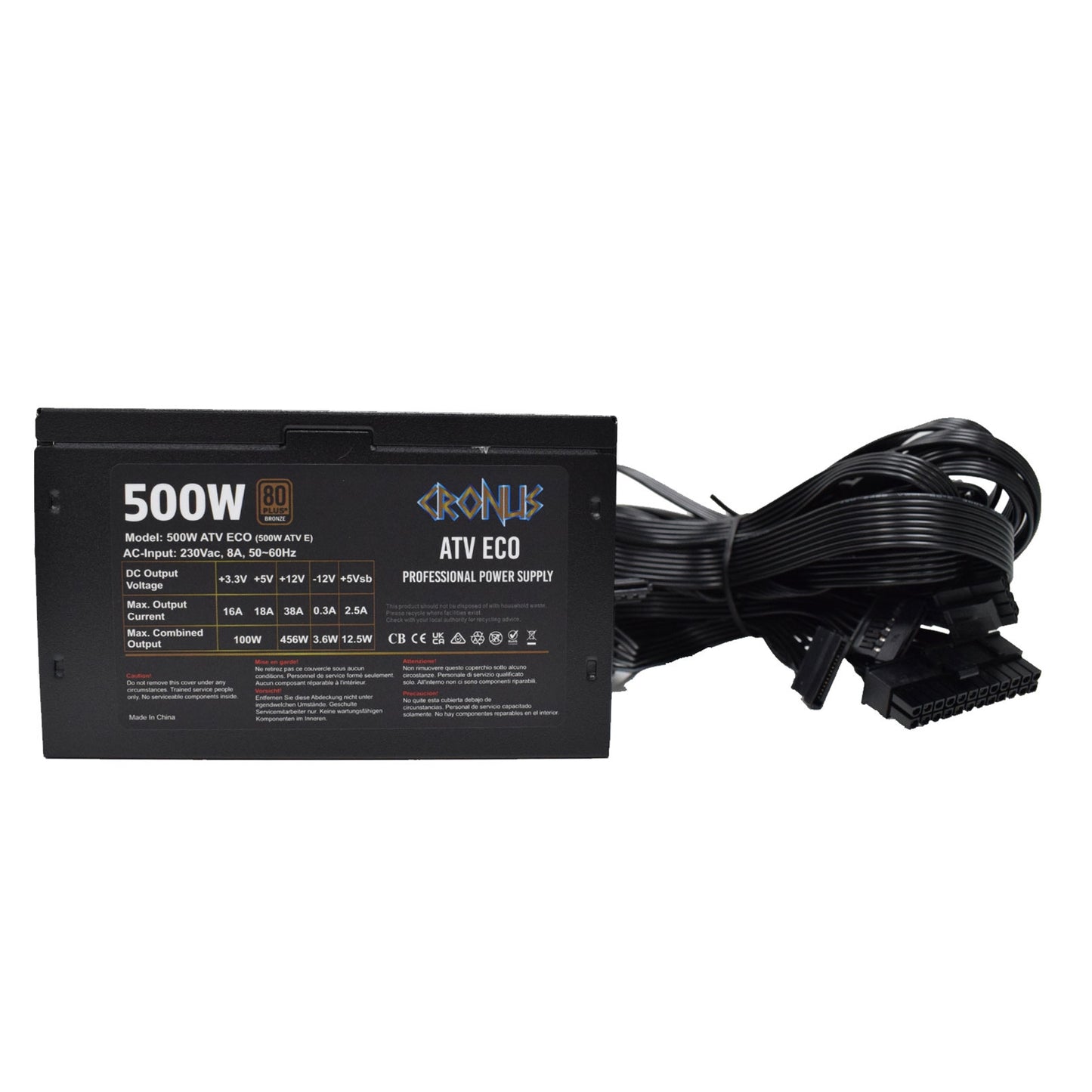 CRONUS 500W ATV ECO PSU, 120mm Silent Cooling Fan, 80 PLUS Bronze, Non Modular, Flat Black Cables, White Box - PC Gear UK