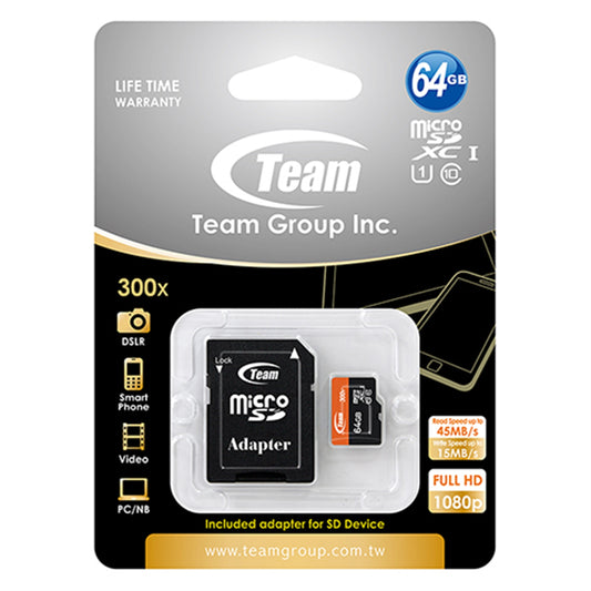 Team 64GB Micro SDXC UHS-1 Class 10 Flash Card with Adapter - PC Gear UK