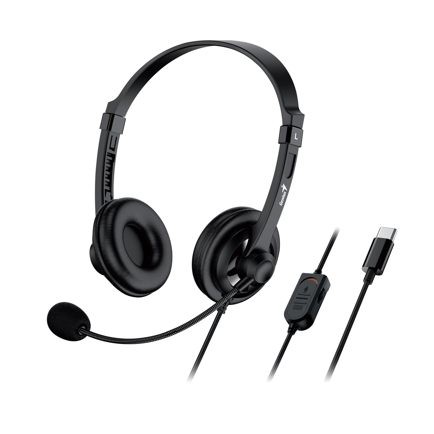 Genius HS-230U Headset with Mic, USB-C Connection, Plug and Play, Adjustable Headband and microphone with In-line Volume Control, Black - PC Gear UK