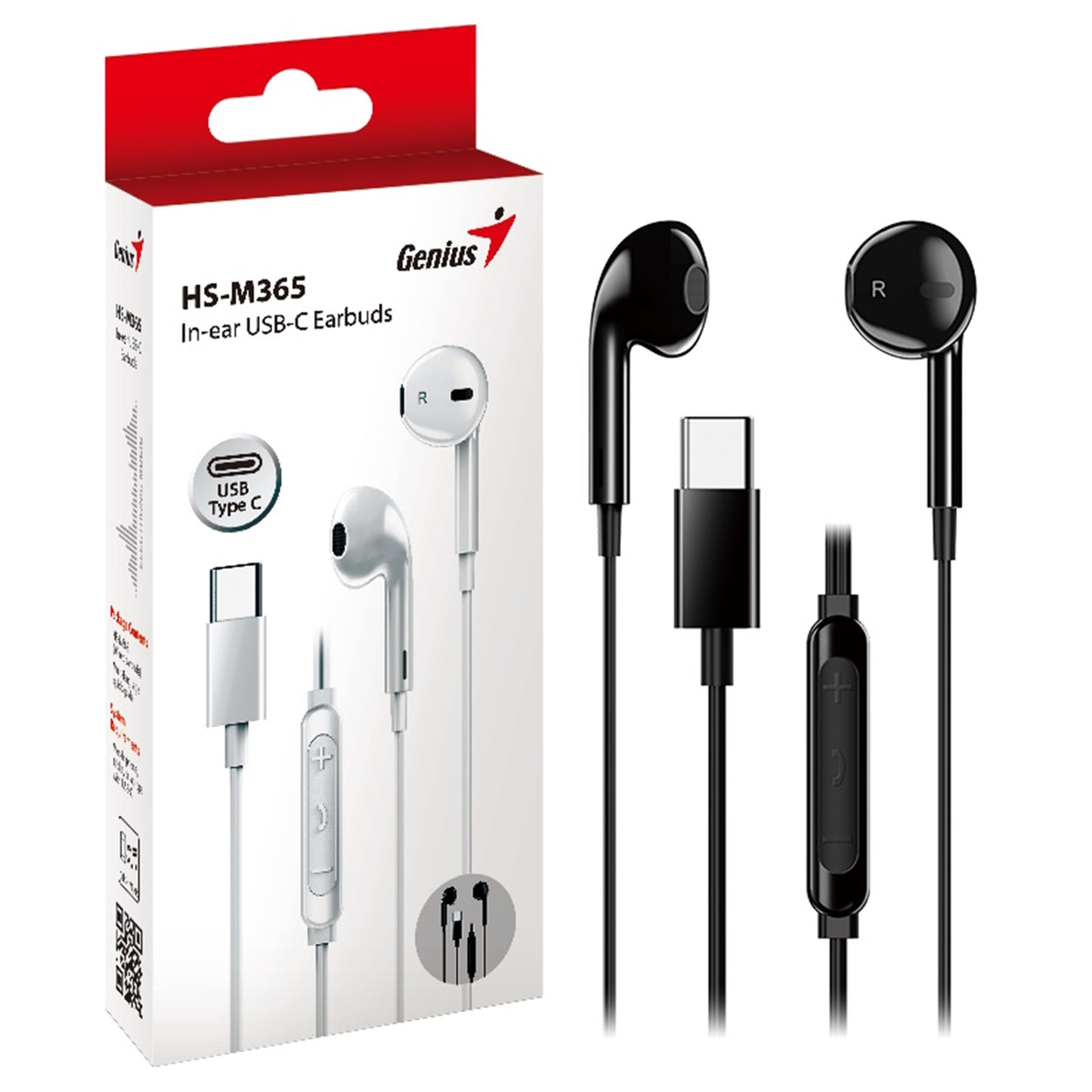 Genius HS-M365B USB-C In-Ear Wired Earbuds with In-Line Microphone and Volume Controls Black - PC Gear UK