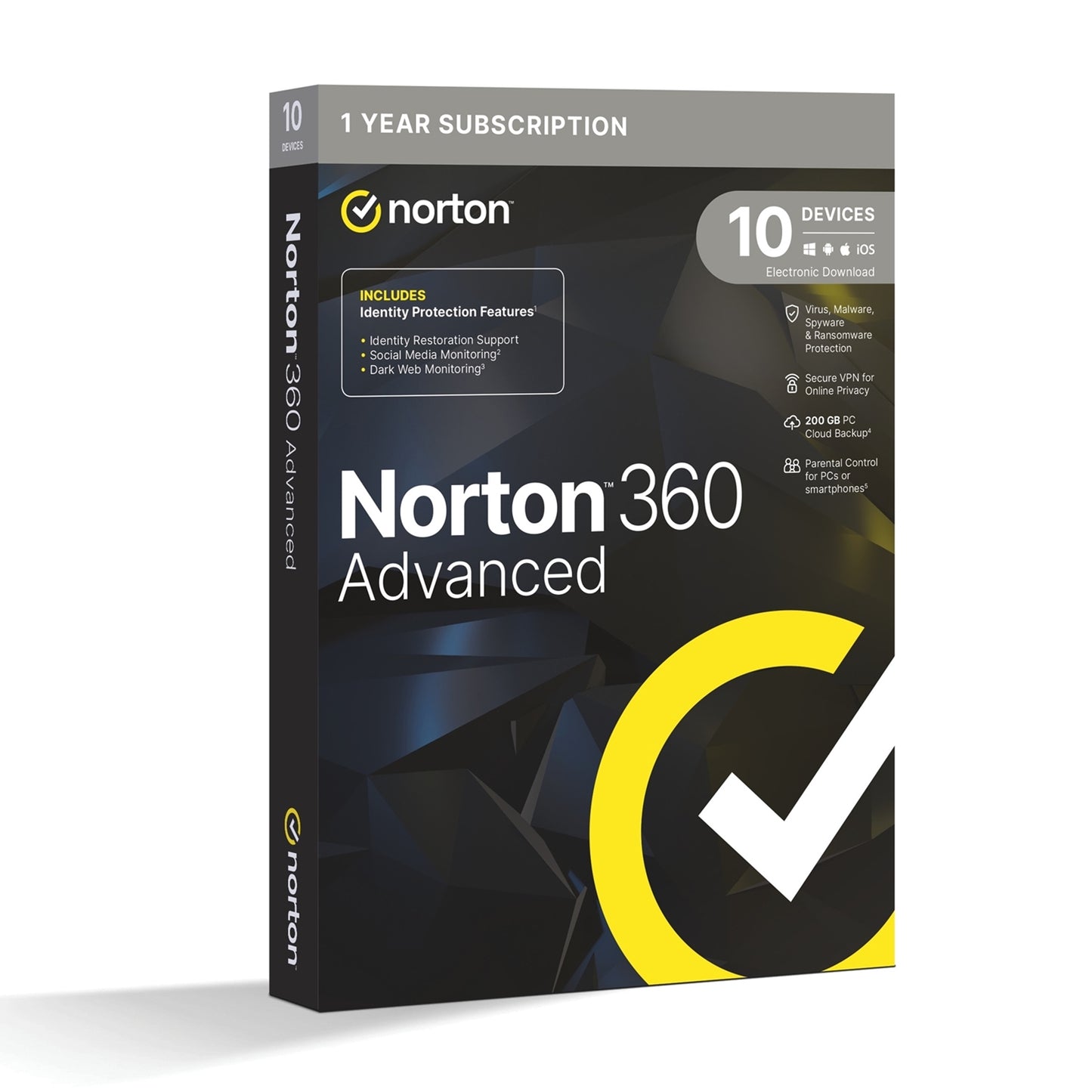 Norton 360 Advanced, Antivirus Software for 10 Devices, 1-year Subscription, Includes Secure VPN, Dark Web Monitoring and Password Manager, 200GB of Cloud Storage, PC/Mac/iOS/Android - PC Gear UK