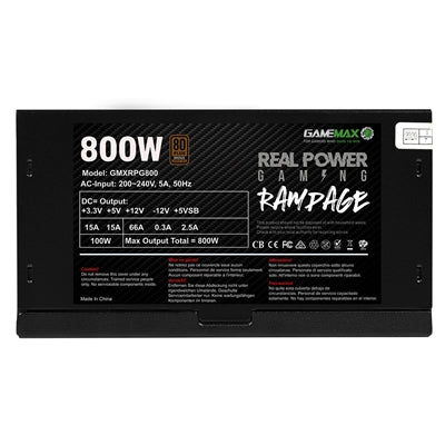 GAMEMAX RPG Rampage 800W PSU, 140mm Ultra Silent Fan, 80 PLUS Bronze, Non Modular, Flat Black Cables, Japanese TK Main Capacitor Fitted