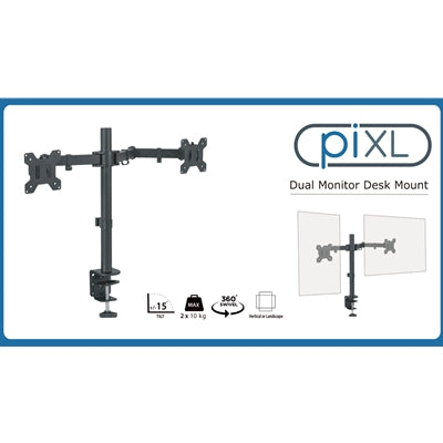 piXL Double Monitor Arm, For Upto 2x 27 inch Monitors, Desk Mounted, VESA dimensions of 75x75mm or 100x100mm, 180 Degrees Swivel, 15 Degrees Tilt, Weight Upto 10kg per screen, Built in Cable Management - PC Gear UK