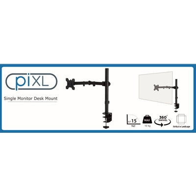 piXL Single Monitor Arm, For Screens Upto 32 inch, Desk Mounted, VESA dimensions of 75x75mm or 34 inch if 100x100mm Vesa, 180 Degrees Swivel, 15 Degrees Tilt, Weight Upto 10kg, Built in Cable Management, Black - PC Gear UK