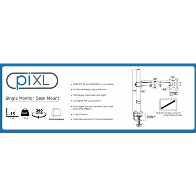 piXL Single Monitor Arm, For Screens Upto 32 inch, Desk Mounted, VESA dimensions of 75x75mm or 34 inch if 100x100mm Vesa, 180 Degrees Swivel, 15 Degrees Tilt, Weight Upto 10kg, Built in Cable Management, Black - PC Gear UK