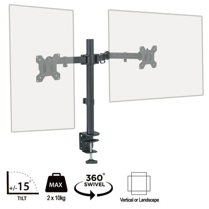 piXL Double Monitor Arm, For Upto 2x 27 inch Monitors, Desk Mounted, VESA dimensions of 75x75mm or 100x100mm, 180 Degrees Swivel, 15 Degrees Tilt, Weight Upto 10kg per screen, Built in Cable Management - PC Gear UK
