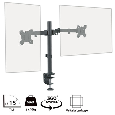 piXL Double Monitor Arm, For Upto 2x 27 inch Monitors, Desk Mounted, VESA dimensions of 75x75mm or 100x100mm, 180 Degrees Swivel, 15 Degrees Tilt, Weight Upto 10kg per screen, Built in Cable Management - PC Gear UK