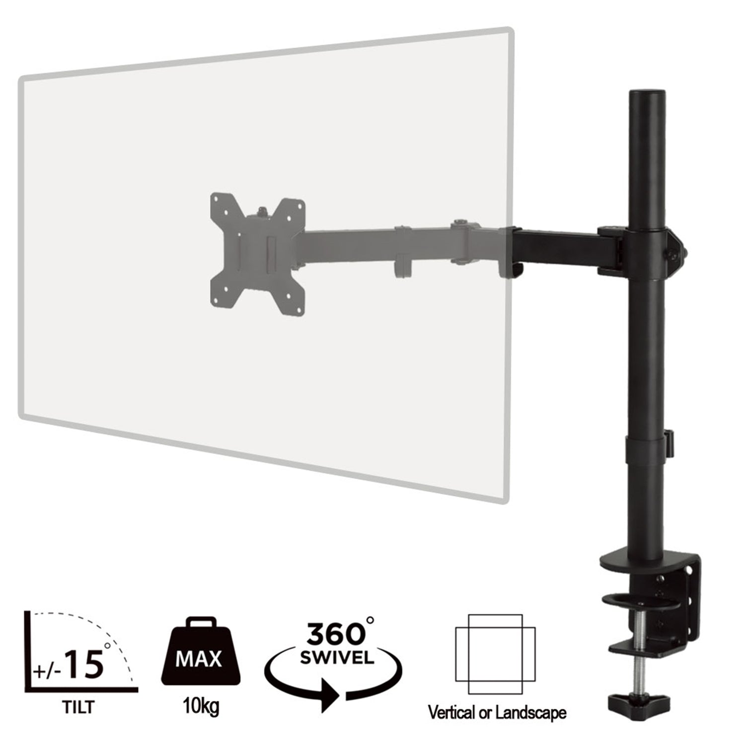 piXL Single Monitor Arm, For Screens Upto 32 inch, Desk Mounted, VESA dimensions of 75x75mm or 34 inch if 100x100mm Vesa, 180 Degrees Swivel, 15 Degrees Tilt, Weight Upto 10kg, Built in Cable Management, Black - PC Gear UK