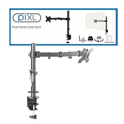 piXL Single Monitor Arm, For Screens Upto 32 inch, Desk Mounted, VESA dimensions of 75x75mm or 34 inch if 100x100mm Vesa, 180 Degrees Swivel, 15 Degrees Tilt, Weight Upto 10kg, Built in Cable Management, Black - PC Gear UK