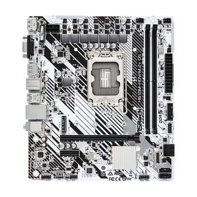 ASRock, ASRock H610M-HDV/M.2+ D5 Intel 1700 Socket Motherboard, Micro-ATX, 2x DDR5 Slots, 1x M.2 Socket, 1x USB-C Port, GbE LAN, 1x D-Sub / 1x DisplayPort / 1x HDMI Port, Intel� H610, Micro ATX Form Factor: 8.66-in x 7.6-in, 22.0 cm x 19.3 cm