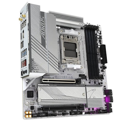 Gigabyte B650M AORUS ELITE AX ICE AMD AM5 Socket Motherboard, Micro-ATX, 4x DDR5 Slots, 2x M.2 Sockets, Fitted I/O Shield, 2.5GbE LAN, Wi-Fi 6E, 1x DisplayPort / 1x HDMI Port