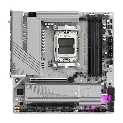 Gigabyte B650M AORUS ELITE AX ICE AMD AM5 Socket Motherboard, Micro-ATX, 4x DDR5 Slots, 2x M.2 Sockets, Fitted I/O Shield, 2.5GbE LAN, Wi-Fi 6E, 1x DisplayPort / 1x HDMI Port