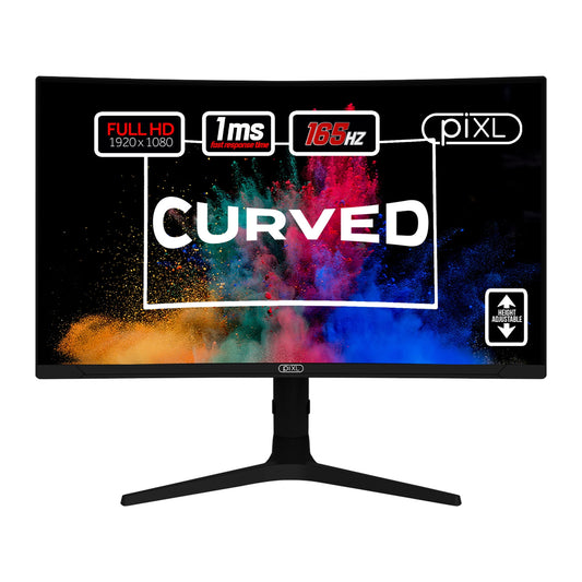piXL CM27C7 27 Inch Curved Monitor, 165Hz, 1ms, Frameless, Freesync / G-Sync, Full HD, HDMI, Display Port, USB, Black with RGB Lighting, VESA Mount, Height Adjustable - PC Gear UK