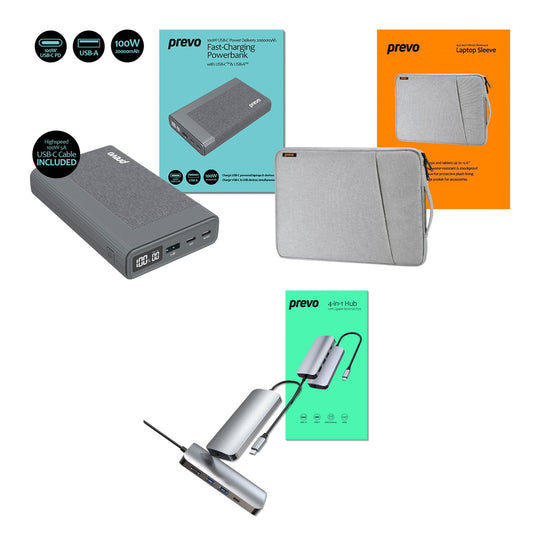 Prevo Business Travel Bundle with 100W Fast Charge 20000mAh Powerbank, 4-in-1 USB Hub with Gigabit Ethernet & 15.6-Inch Luxury-Lined Laptop Sleeve - PC Gear UK
