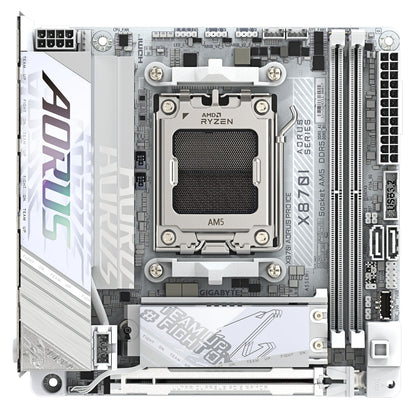 Gigabyte X870I AORUS PRO ICE AMD AM5 Socket Motherboard, Mini-ITX, 2x DDR5 Slots, 2x M.2 Sockets, 3x USB-C Port, Fitted I/O Shield, 2.5GbE LAN, Wi-Fi 7, 1x HDMI Port / 1x USB-C (USB4) - PC Gear UK