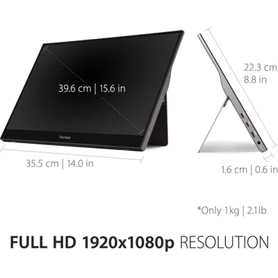 Viewsonic TD1655 16-Inch USB-C Multi-Touch, IPS Portable Monitor, 1920x1080, 60Hz, Mini HDMI, Speakers, 6.5ms, Metallic with Foldable Stand, Pivotable Display