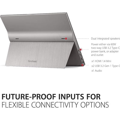 Viewsonic TD1655 16-Inch USB-C Multi-Touch, IPS Portable Monitor, 1920x1080, 60Hz, Mini HDMI, Speakers, 6.5ms, Metallic with Foldable Stand, Pivotable Display