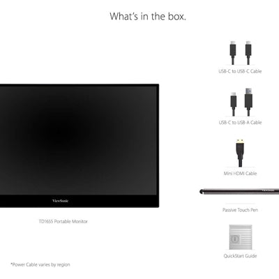 Viewsonic TD1655 16-Inch USB-C Multi-Touch, IPS Portable Monitor, 1920x1080, 60Hz, Mini HDMI, Speakers, 6.5ms, Metallic with Foldable Stand, Pivotable Display