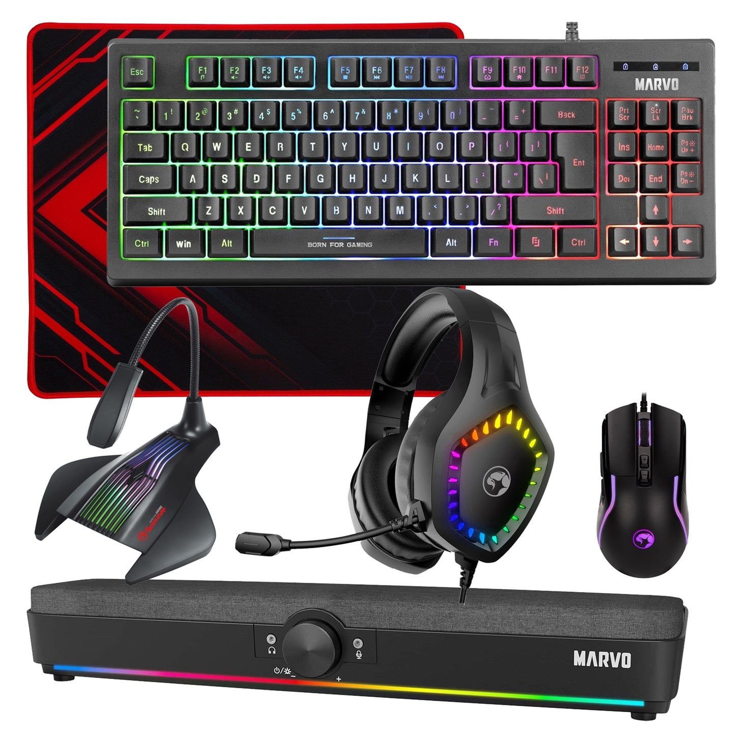 Marvo Scorpion 6-Product Gaming & Streaming Bundle featuring 80% TKL Multimedia Keyboard, Programmable USB Mouse, Non-Slip Mousepad, PC & Console-Compatible RGB Gaming Headset, RGB Stereo Soundbar & USB Streaming Microphone - PC Gear UK