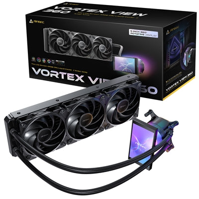 Antec, Antec Vortex View 360 Black AIO Liquid CPU Cooler, Massive 5-Inch Rotatable IPS LCD Display, 9th Gen Asetek Pump for 400W TDP, Triple 120mm PWM Fans,  ARGB Backglow, Intel: LGA115X / 1200 / 1700 / 1851AMD: AM4 / AM5