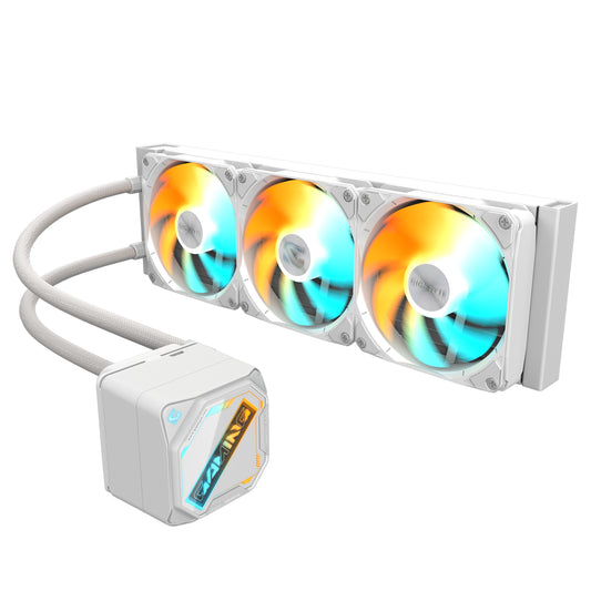 GIGABYTE GAMING 360 ICE Liquid CPU Cooler- 3x120mm ARGB Fans, slide-in interlocking mechanism, DAISY-CHAIN, Intel LGA 1851 and AMD AM5 Compatible, All-in-one liquid cooler, 12 cm, White