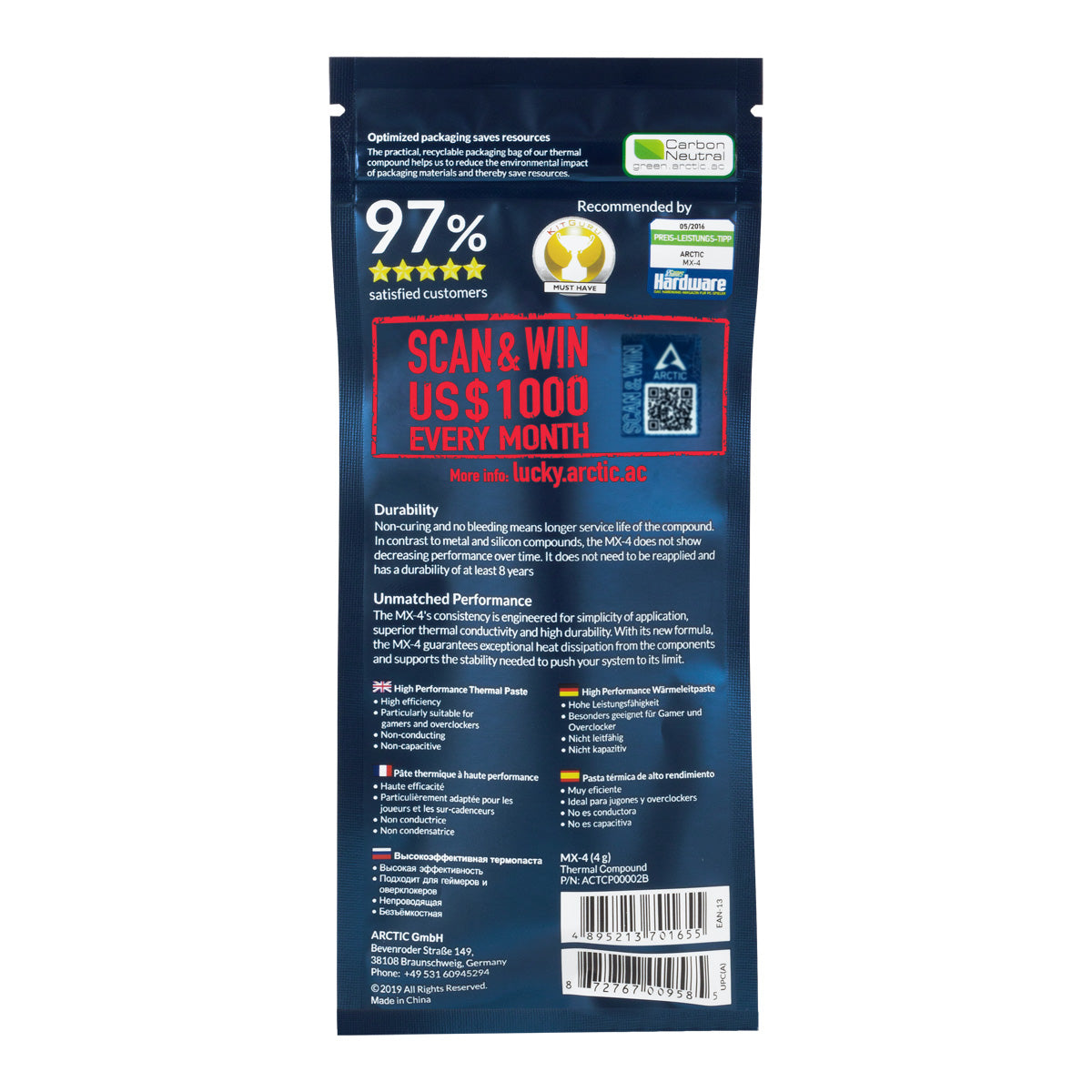 ARCTIC MX-4 Thermal Compound, 4g, 8.5 W/mK, Carbon-Based