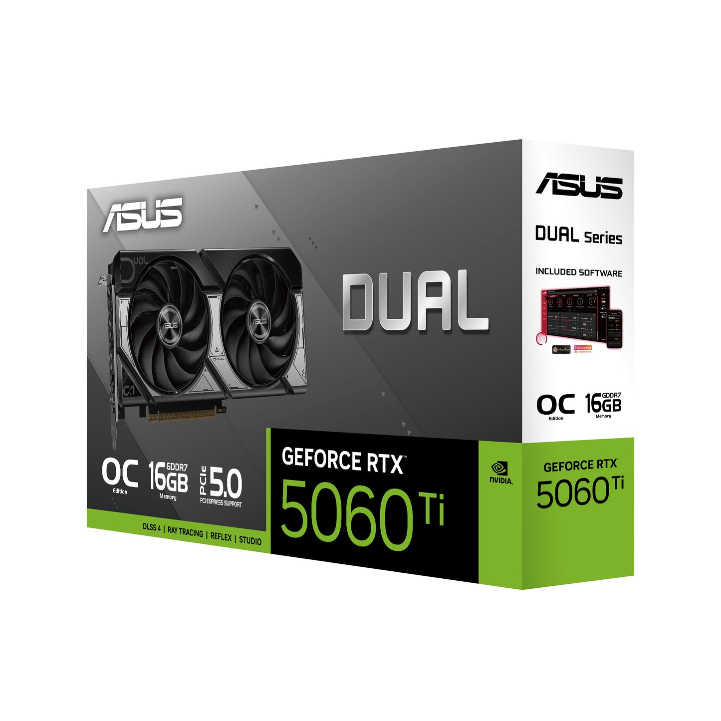 ASUS Dual GeForce RTX 5060 Ti OC Edition, 16GB GDDR7, 4608 CUDA Cores, 2632MHz OC, PCIe 5.0, HDMI 2.1b, 3x DP 2.1b, 2.5-Slot, SFF-Ready, Black/Grey