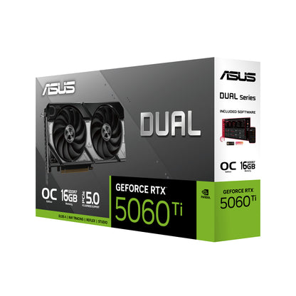 ASUS Dual GeForce RTX 5060 Ti OC Edition, 16GB GDDR7, 4608 CUDA Cores, 2632MHz OC, PCIe 5.0, HDMI 2.1b, 3x DP 2.1b, 2.5-Slot, SFF-Ready, Black/Grey