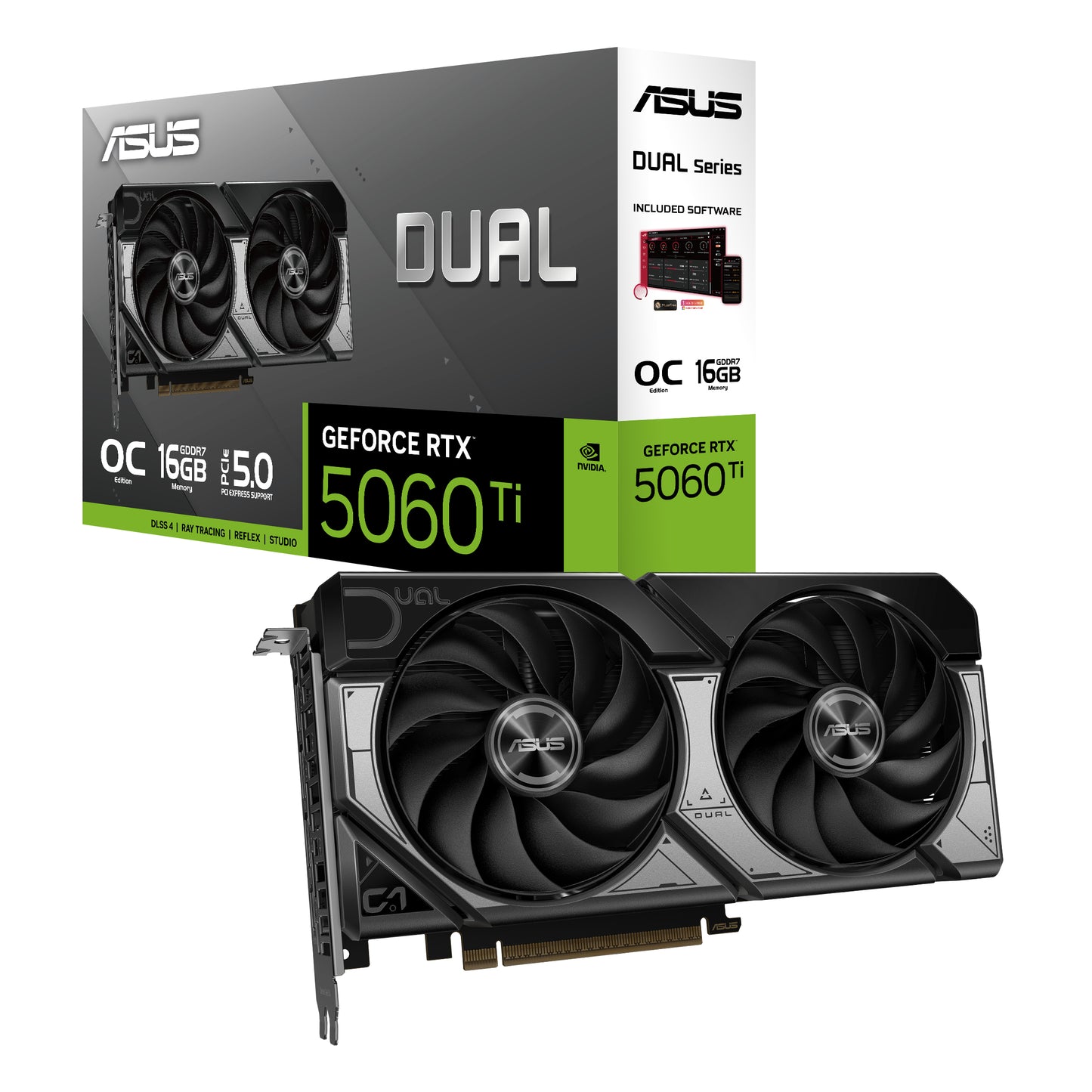 ASUS Dual GeForce RTX 5060 Ti OC Edition, 16GB GDDR7, 4608 CUDA Cores, 2632MHz OC, PCIe 5.0, HDMI 2.1b, 3x DP 2.1b, 2.5-Slot, SFF-Ready, Black/Grey