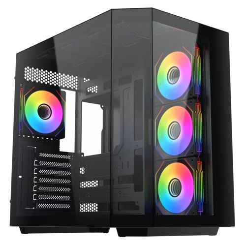 Vida Edge Black ARGB Gaming Cube Case w/ Glass Side, Front & Corner, ATX, 4x ARGB PWM Fans, 6-Port Fan Hub & Remote Control, Asus BTF Compatible