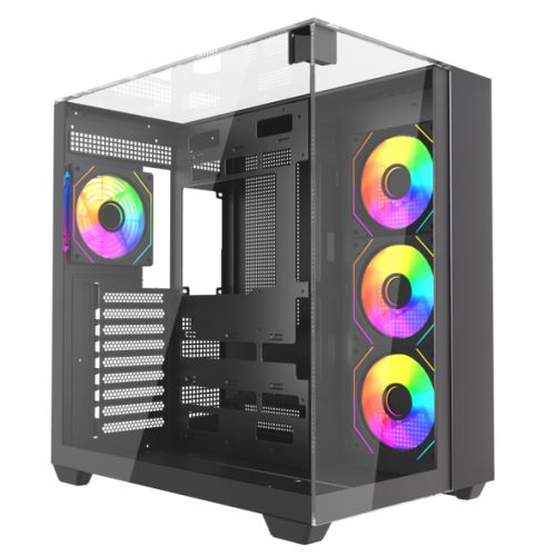 Vida Visio Black ARGB Gaming Cube Case w/ Glass Side, Front & Top, ATX, 4x ARGB PWM Fans, 6-Port Fan Hub & Remote Control, USB-C, Asus BTF Compatible - PC Gear UK