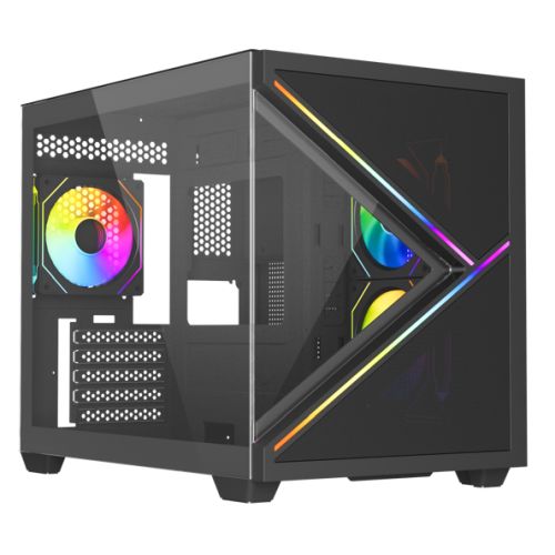 Vida Arcade Black ARGB Gaming Case w/ Glass Side & Glass/Mesh Front, Micro ATX, ARGB Strips, 3x ARGB PWM Fans, 6-Port ARGB Fan Hub & Remote Control - PC Gear UK