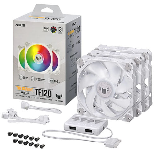 Asus TUF Gaming TF120 ARGB 12cm PWM Case Fans (3 Pack), Fluid Dynamic Bearing, Double-layer LED Array, Up to 1900 RPM, ARGB Hub included, White Edition - PC Gear UK
