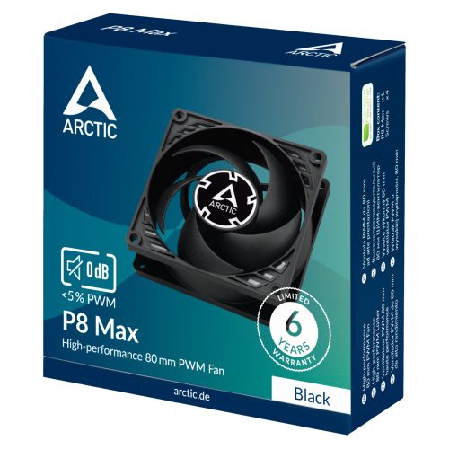 Arctic P8 Max High-Performance 8cm PWM Case Fan, Fluid Dynamic Bearing, 500-5000 RPM, Black - PC Gear UK