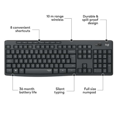 Logitech MK295 Silent Wireless Keyboard and Mouse Kit, SilentTouch Tech, Spill-Resistant KB, Graphite - PC Gear UK
