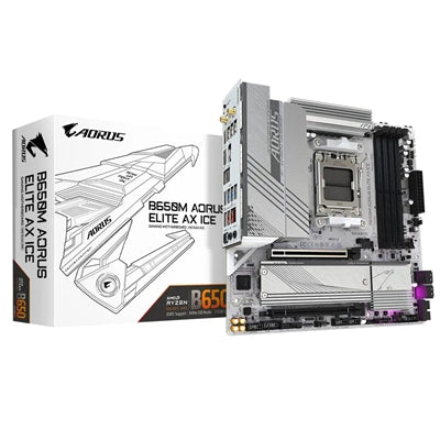 Gigabyte B650M AORUS ELITE AX ICE AMD AM5 Socket Motherboard, Micro-ATX, 4x DDR5 Slots, 2x M.2 Sockets, Fitted I/O Shield, 2.5GbE LAN, Wi-Fi 6E, 1x DisplayPort / 1x HDMI Port