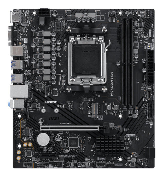 MSI PRO A620AM-B EVO Motherboard, AMD A620A, Socket AM5, mATX, DDR5, 4x M.2, PCIe 5.0, 5GbE, HDMI 2.1, USB-C, Ryzen 7000/8000/9000