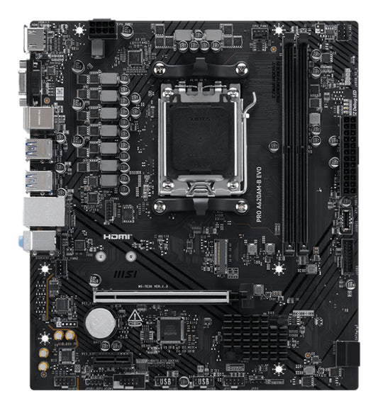 MSI PRO A620AM-B EVO Motherboard, AMD A620A, Socket AM5, mATX, DDR5, 4x M.2, PCIe 5.0, 5GbE, HDMI 2.1, USB-C, Ryzen 7000/8000/9000