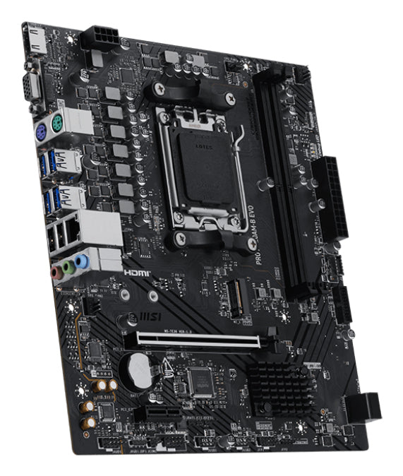MSI PRO A620AM-B EVO Motherboard, AMD A620A, Socket AM5, mATX, DDR5, 4x M.2, PCIe 5.0, 5GbE, HDMI 2.1, USB-C, Ryzen 7000/8000/9000