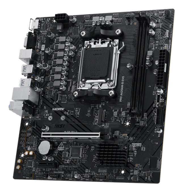 MSI PRO A620AM-B EVO Motherboard, AMD A620A, Socket AM5, mATX, DDR5, 4x M.2, PCIe 5.0, 5GbE, HDMI 2.1, USB-C, Ryzen 7000/8000/9000